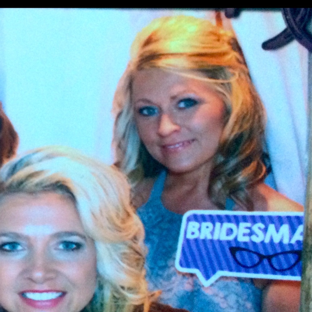 Wore in a wedding, ties at neck, low back, lace top, chiffon. David’s Bridal